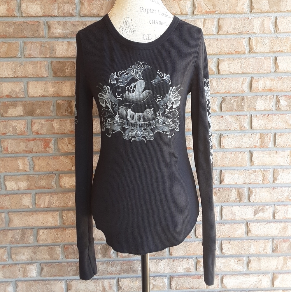 Disney Mickey Mouse Long Sleeve Novelty Print Black Thermal Top.